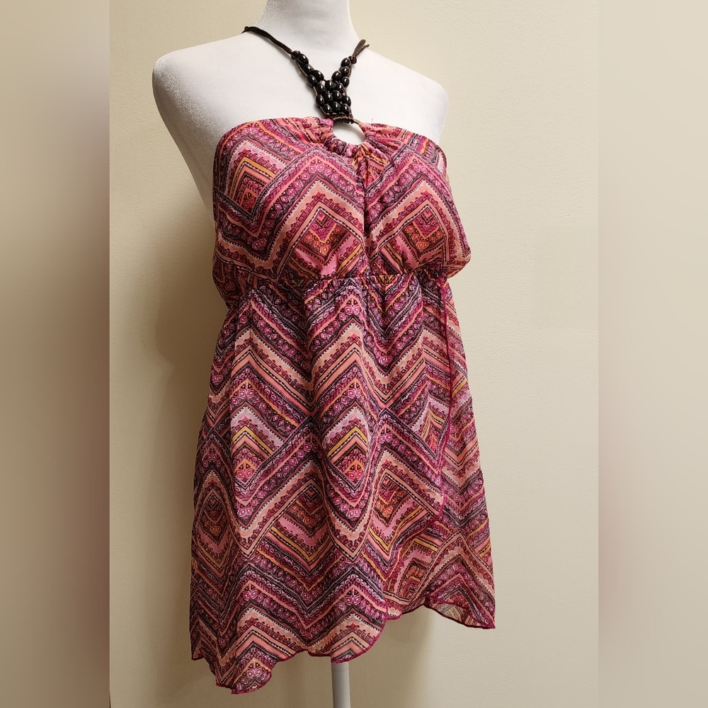 Sheer Beaded Halter Top Tribal Print Size Juniors XL (15-17)